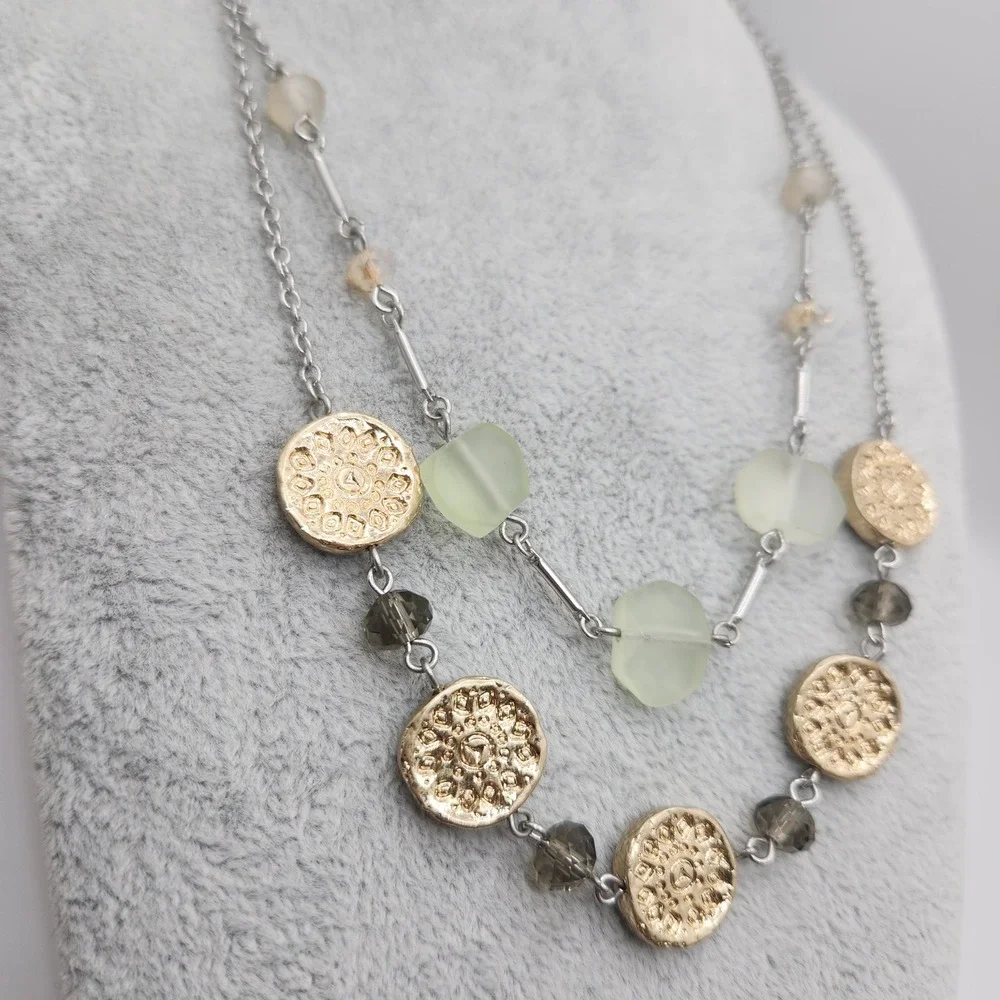 Boho Layered Necklace Gold Coin Crystal Green Bead Silver Tone J. Jill NEW